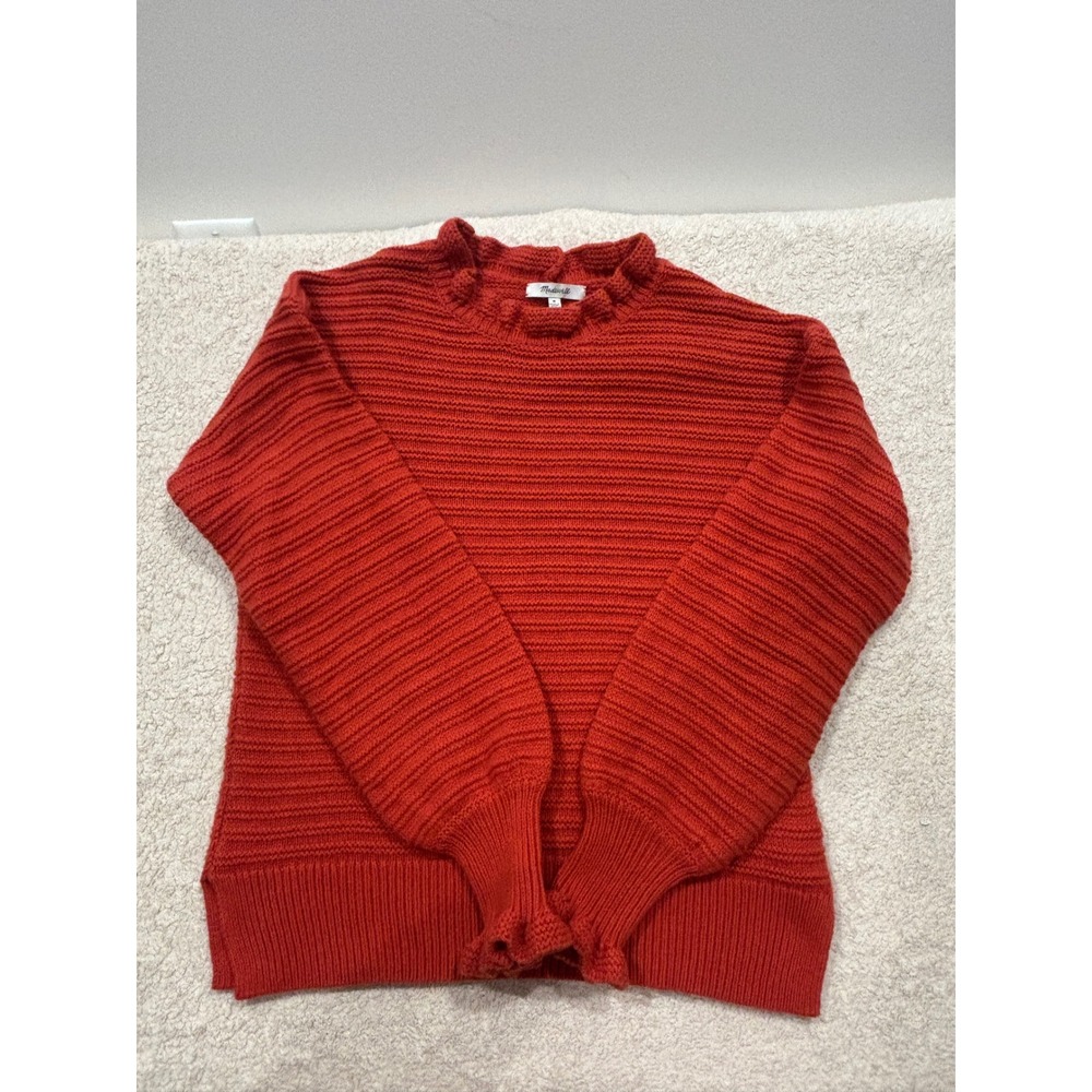 Madewell Ruffle Neck Balloon Sleeve Cotton Merino Wool Sweater Red Orange Medium